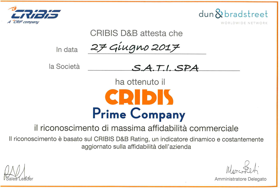 Certificato Cribis Prime Company